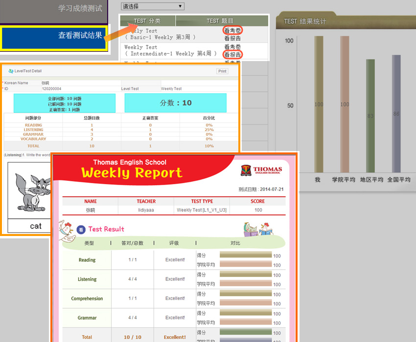 托马斯少儿英语在线学习平台-查看测试结果的考卷和报告操作图示